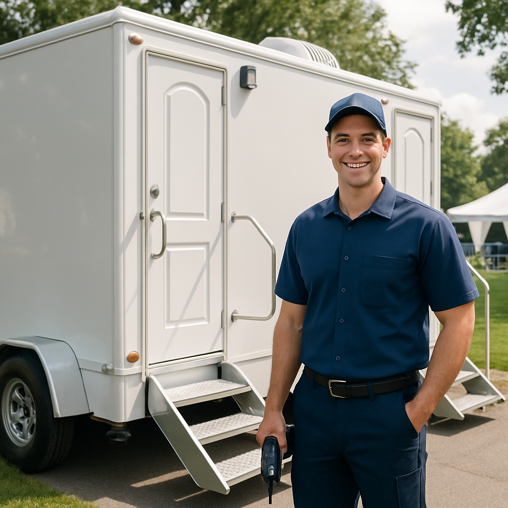 Portable toilet servicing crew cleaning units and holding tanks for Memphis contractors on scheduled routes